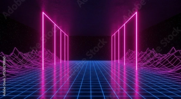 Fototapeta Neon-lit corridor with retro grid floor and mountains