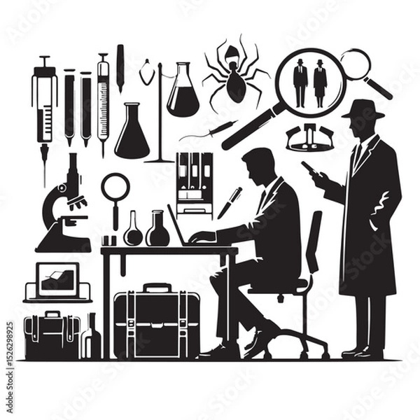 Fototapeta Scientists and Forensics in a Laboratory - Black and White Silhouette