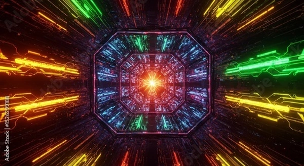 Fototapeta Octagonal tunnel with vibrant streaks of color leading to a central bright light source