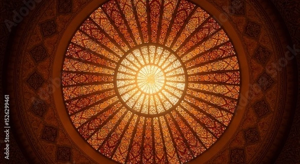 Obraz Ornate stained glass dome with radiating patterns and sunburst center, viewed from below