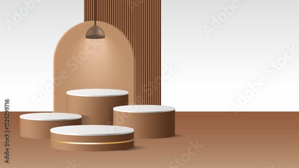 Fototapeta 3D Brown Wood Podium with Arch Backdrop and Hanging Lamp, Minimalist Cylindrical Pedestal Stage, Abstract Product Display Mockup, Geometric Showcase Background, Light Vector Design