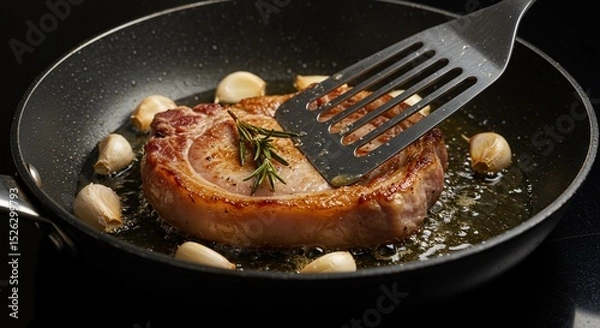 Obraz Pork chop sizzles in pan with garlic and rosemary, flipped by spatula