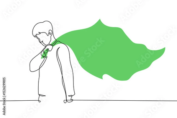 Fototapeta man holding a corner of a big green flag waving behind him - one line art vector. concept man green flag, suitable male partner for healthy relationship