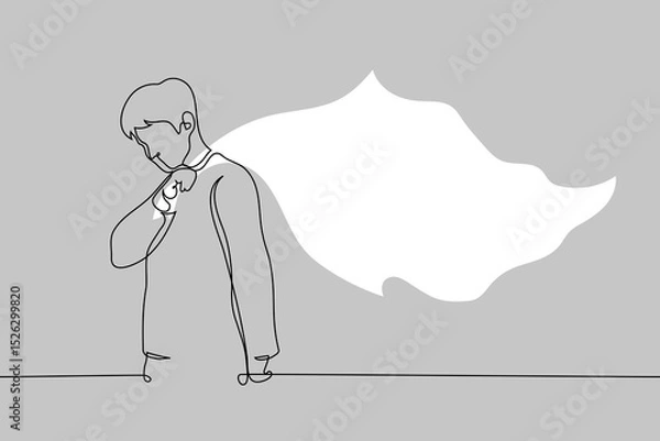 Fototapeta man holding a corner of a large white flag waving behind him - one line art vector. concept man white flag - constant compromise in a relationship, capitulation
