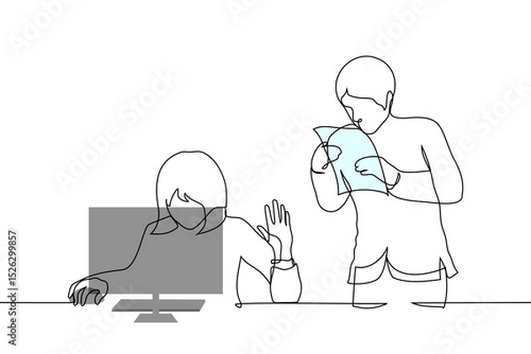 Fototapeta woman boss and man subordinate - one line art vector. concept woman busy at computer put her hand in STOP gesture for man approaching her with documents