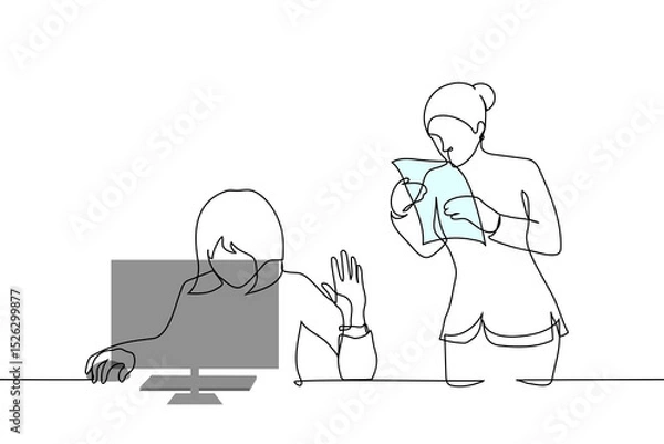Fototapeta woman boss and woman subordinate - one line art vector. concept woman busy at computer put her hand in STOP gesture for employee approaching her with documents