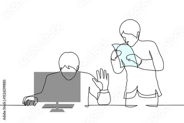 Fototapeta male boss and subordinate worker man - one line art vector. concept man busy at computer put hand in STOP gesture for male employee approaching him with documents