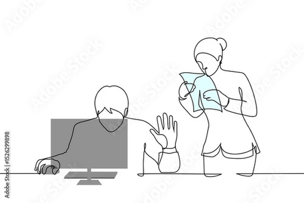 Fototapeta male boss and female subordinate - one line art vector. concept man busy at computer put hand in STOP gesture for female employee approaching him with documents