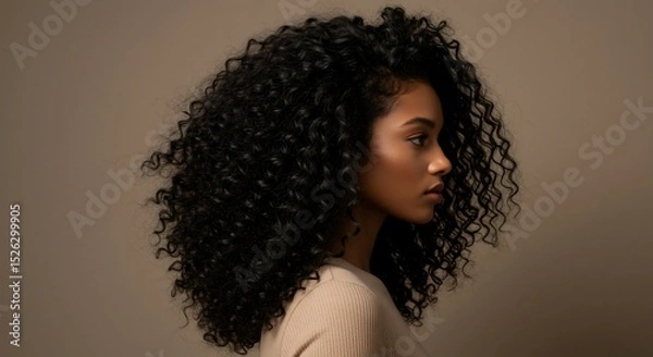 Obraz Profile of a woman with voluminous dark curly hair against a neutral backdrop