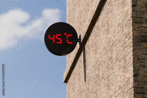 Fototapeta Street digital thermometer displaying a temperature of 45 degrees Celsius with blue sunny background. 