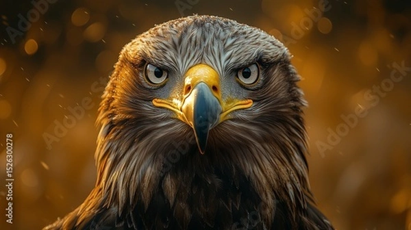 Obraz Portrait of a majestic eagle with a piercing gaze against a golden bokeh background. Detailed feathers and a powerful beak