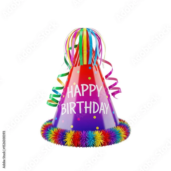 Fototapeta A vibrant birthday party hat with colorful streamers and pompoms, isolated on transparent background