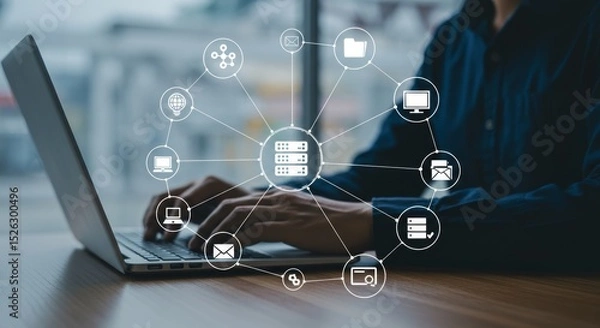 Fototapeta Person using laptop with interconnected digital icons