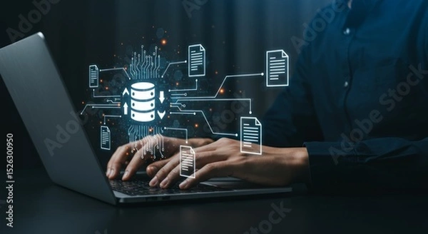 Fototapeta Person working on a laptop with data transfer concept