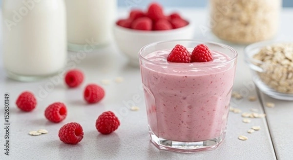 Fototapeta Pink raspberry smoothie with milk and oats (1)