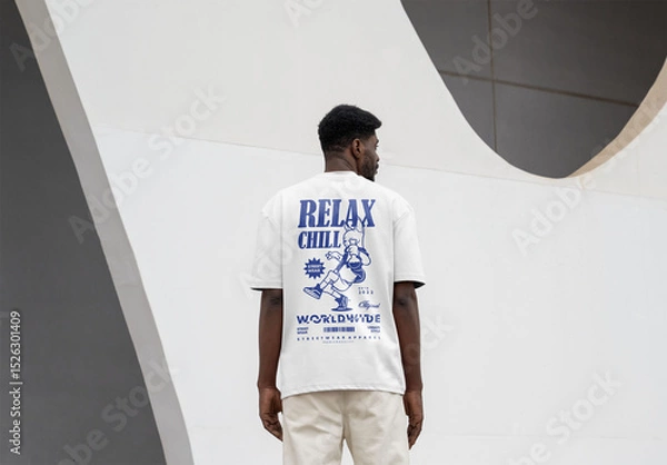 Fototapeta Mockup Of Man Dressed In Customizable T-Shirt, Rear View