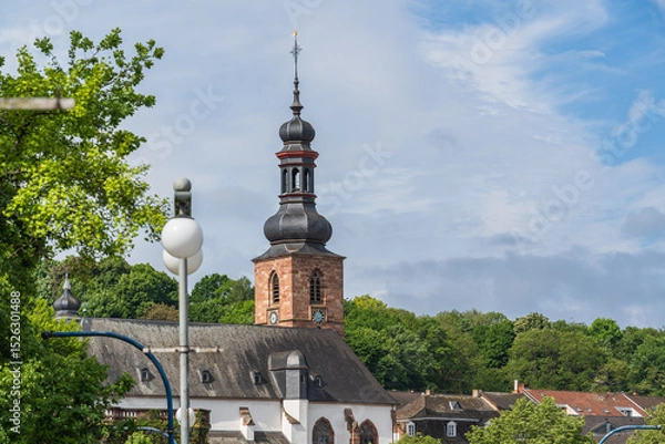 Obraz The upper part of the castle church with a dome and a rooster on the spire in Saarbrucken Germany