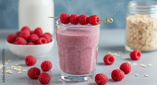 Fototapeta Raspberry smoothie in glass with fresh raspberries