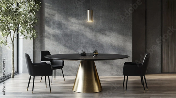 Fototapeta Modern dining room with black round table and gold pedestal, creating elegant atmosphere