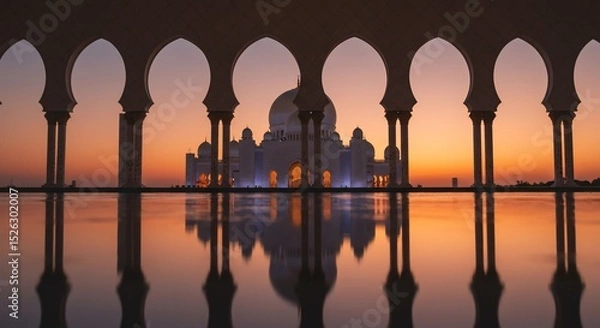 Obraz Sheikh Zayed Mosque at Sunset Reflected in Water, Framed by Arches