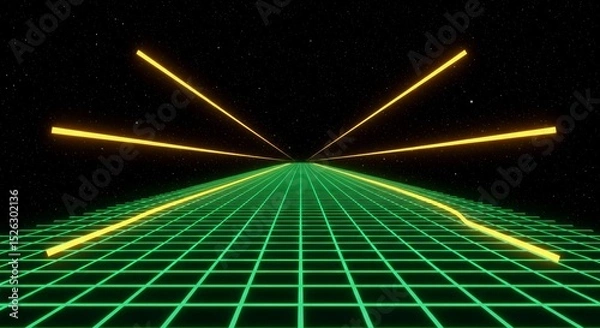 Fototapeta Retro futuristic grid pathway with glowing lines