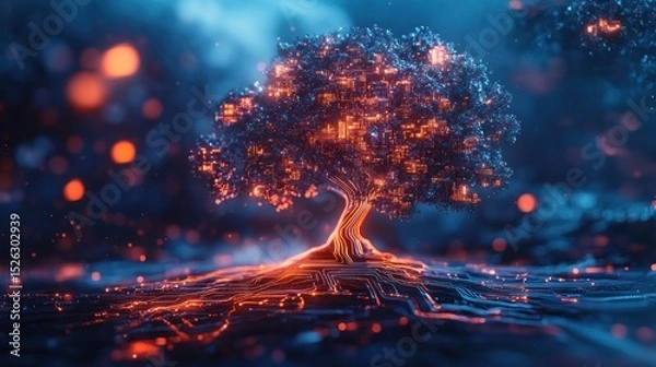 Obraz Futuristic tree with digital cityscape in glowing lights
