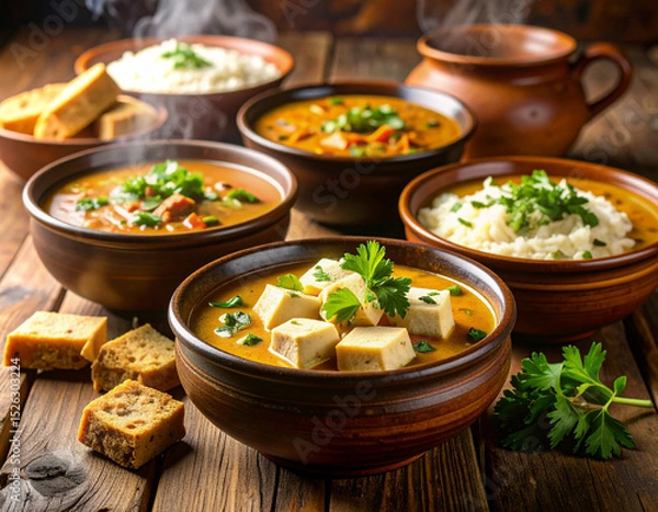 Fototapeta Steaming bowls of Fufu and light soup are presented, highlighting a staple and flavorful traditional Ghanaian cuisine.