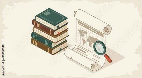 Obraz Stack of books and a world map scroll