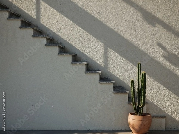 Fototapeta Cactus near a wall with stairs casting shadows in warm light, architectural detail.