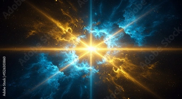 Fototapeta Starburst of light amid nebula-like blue and gold formations, with beams emanating from a central point