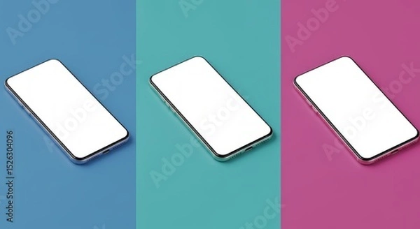 Fototapeta Three blank mobile phones on colorful backgrounds