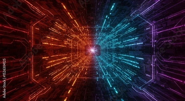 Fototapeta Symmetrical tunnel with red, blue, and purple circuit patterns leading to bright white light