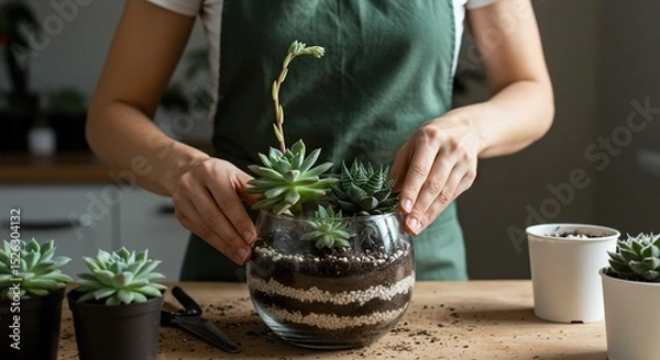 Obraz Succulent Terrarium Creation: Hands Arranging Plants in Layered Glass Bowl