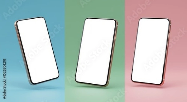 Fototapeta Three blank smartphone displays on pastel backgrounds