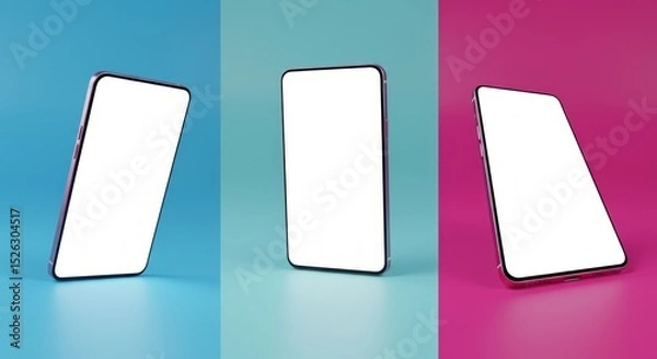 Fototapeta Three modern smartphones with blank screens on colorful backgrounds