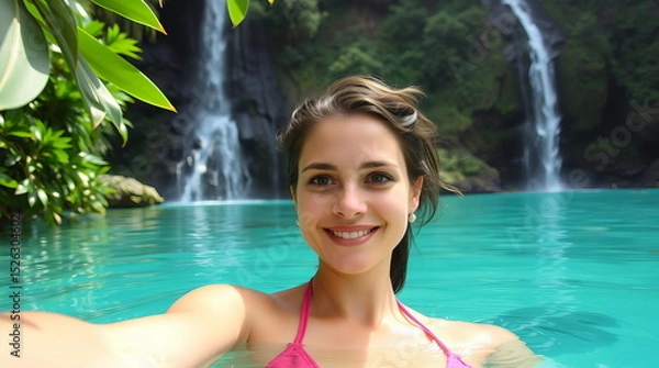 Fototapeta Young happy woman on vacation takes selfie while swimming in the middle of an island and between two waterfalls.