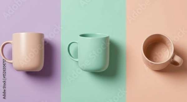 Fototapeta Three pastel-colored mugs on a colorful background