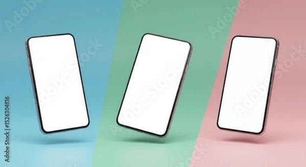 Fototapeta Three smartphones with blank screens on a colorful background