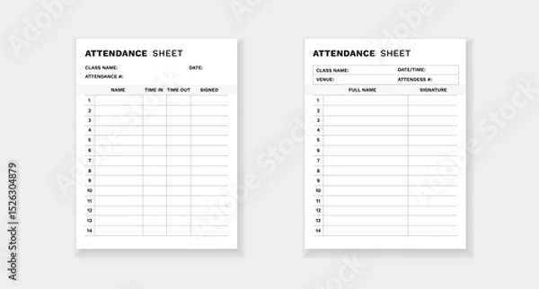 Fototapeta Attendance sheet form template with spaces for names, signatures, and time to track student presence.
