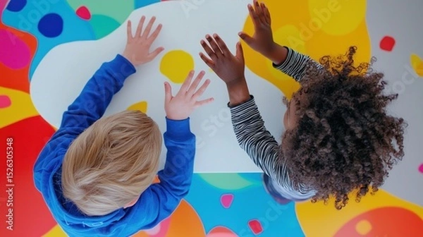 Fototapeta Playful Interaction: Two Children's Joyful Hands-On Experience
