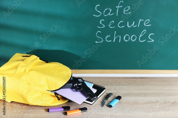 Obraz Backpack, gun, knife and stationery on wooden table near blackboard with words Safe Secure Schools