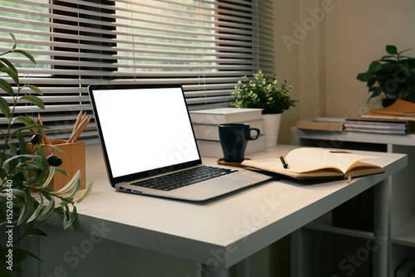 Fototapeta Modern workspace with blank laptop screen, notebook, and coffee mug in a bright room