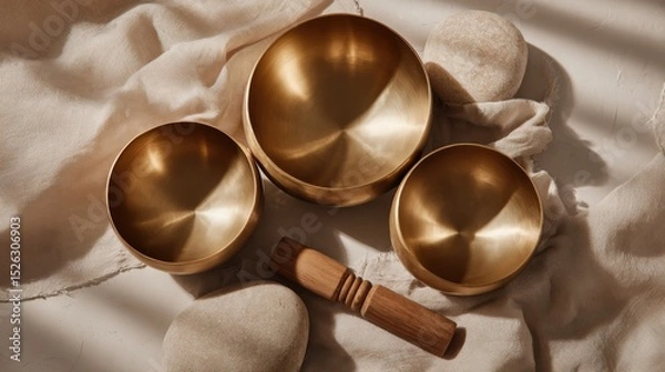 Fototapeta Three Golden Singing Bowls With Mallet and Stones on Linen, Representing Wellness and Alternative Therapy, Ideal for Meditation and Spiritual Practice : Generative AI