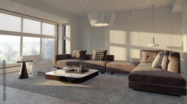 Fototapeta Large luxury modern bright interiors Living room mockup illustration 3D rendering image