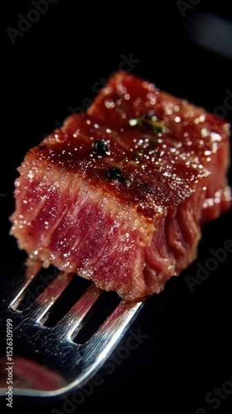 Fototapeta Perfectly Cooked Steak Cube on a Fork Against Black Backdrop, Showcasing Culinary Artistry and Gourmet Food Presentation : Generative AI