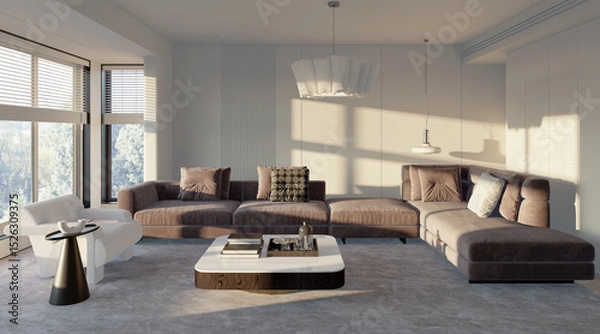 Fototapeta Large luxury modern bright interiors Living room mockup illustration 3D rendering image