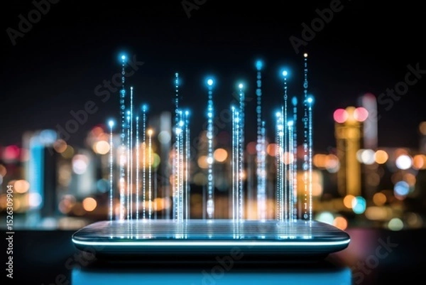 Fototapeta Glowing Smartphone Displaying Binary Code Over Cityscape at Night, Illustrating Digital Transformation and Technological Advancement : Generative AI