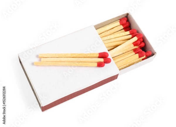 Fototapeta Matches in box isolated on white, above view