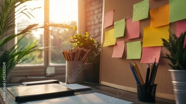 Fototapeta Vision board with sticky notes about business goals in creative office
