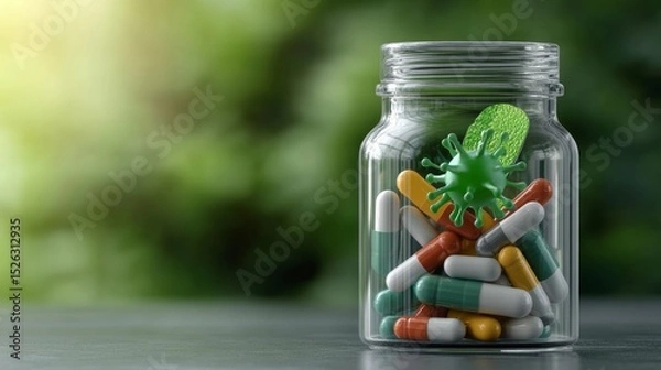 Fototapeta Vitamin capsules in a clear bottle with immune system icons and protective shield graphics